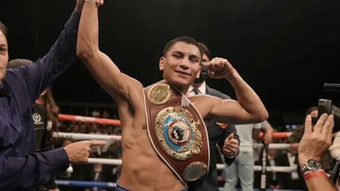 Vergil Ortiz Jr. celebrates with the title belt after knocking out Maurice Hooker for the vacant WBO international welterweight title in 2021, at Fort Worth. Ortiz Jr. is set to face Frederick Lawson in Jan 6, 2024 in Las Vegas. GOLDEN BOY PROMOTIONS.